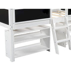 Cama baja tipo loft individual con 2 estantes, escalera y pizarra