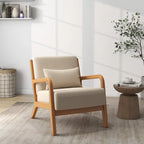 Sillón tapizado en tela con patas de madera