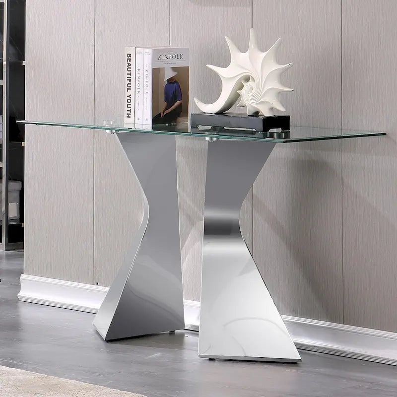 Mesa consola rectangular de 51 pulgadas con tapa de cristal templado y patas de metal