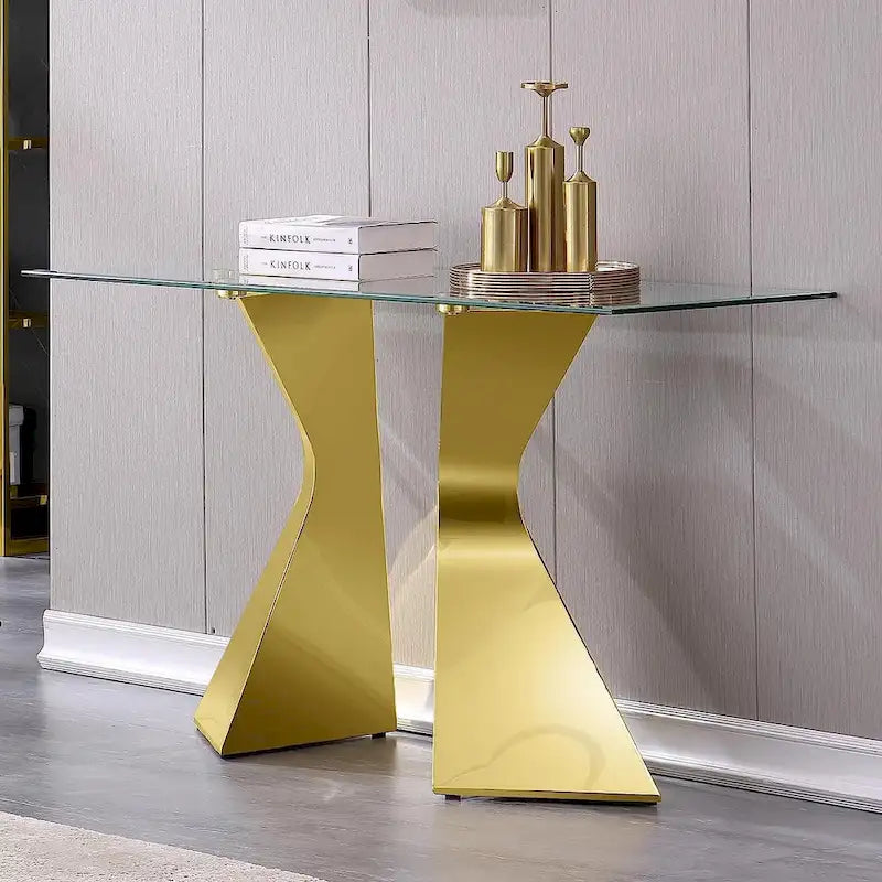 Mesa consola rectangular de 51 pulgadas con tapa de cristal templado y patas de metal