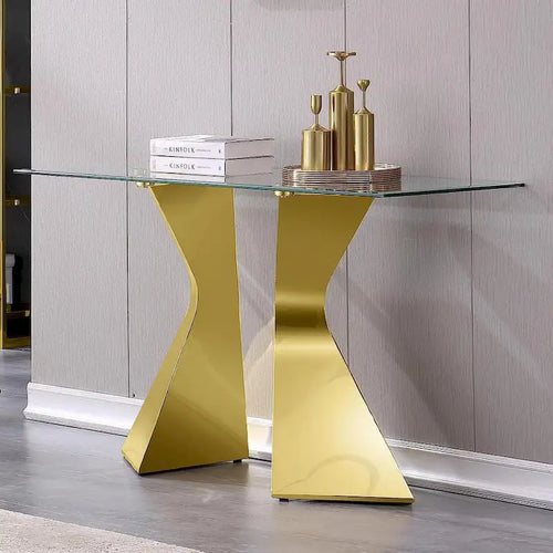 Mesa consola rectangular de 51 pulgadas con tapa de cristal templado y patas de metal
