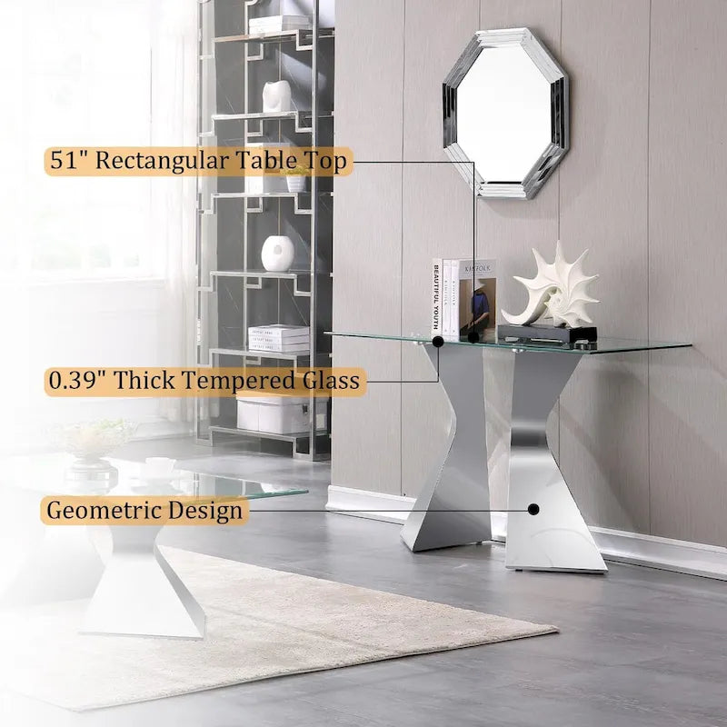 Mesa consola rectangular de 51 pulgadas con tapa de cristal templado y patas de metal