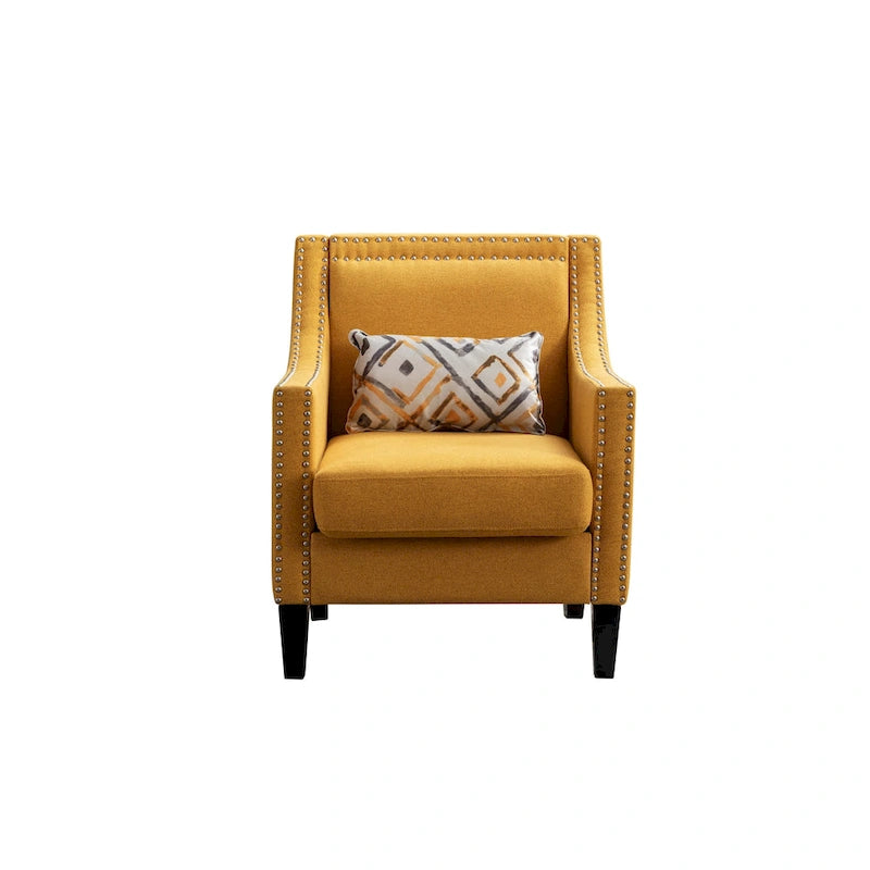 Sillón de tela de lino con detalles de tachuelas y patas de madera maciza