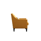 Sillón de tela de lino con detalles de tachuelas y patas de madera maciza