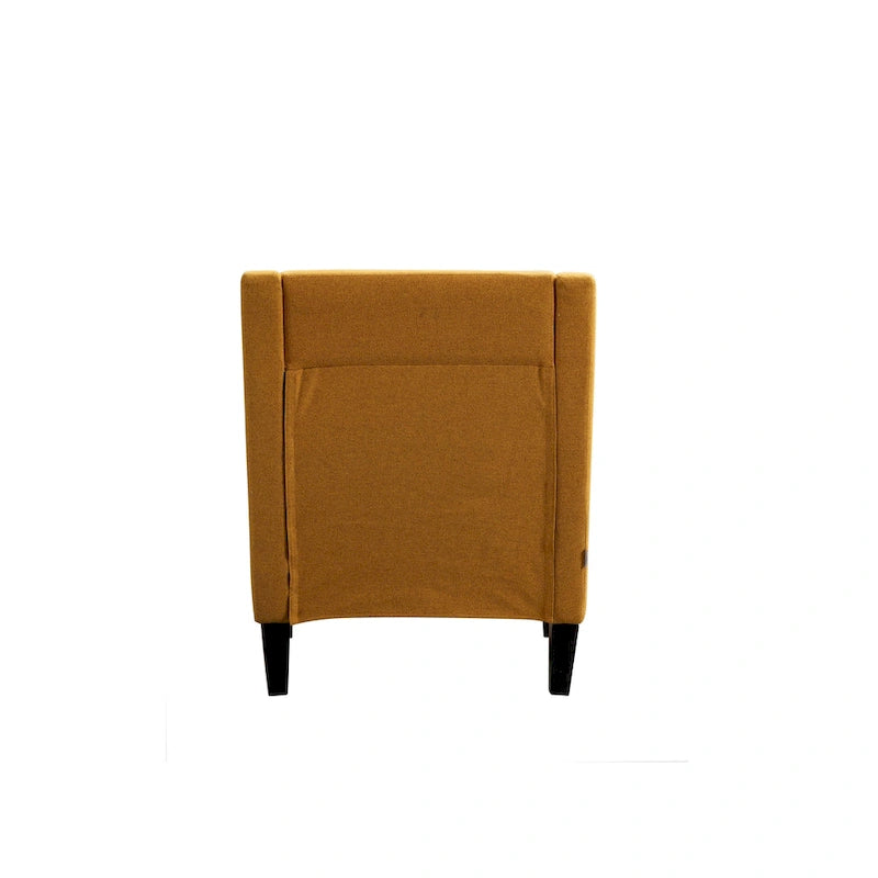 Sillón de tela de lino con detalles de tachuelas y patas de madera maciza