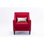 Sillón de tela de lino con detalles de tachuelas y patas de madera maciza