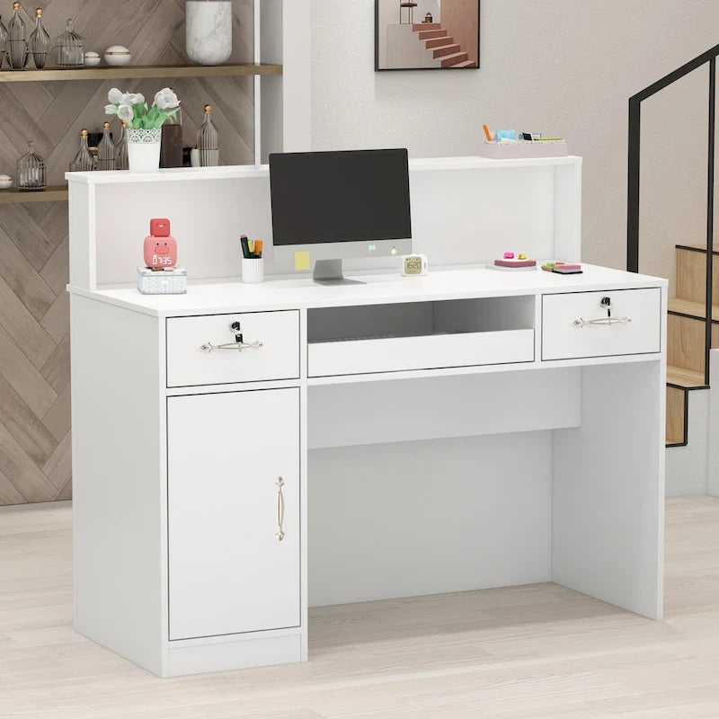 Mostrador de recepción rectangular de madera con compartimento iluminado
