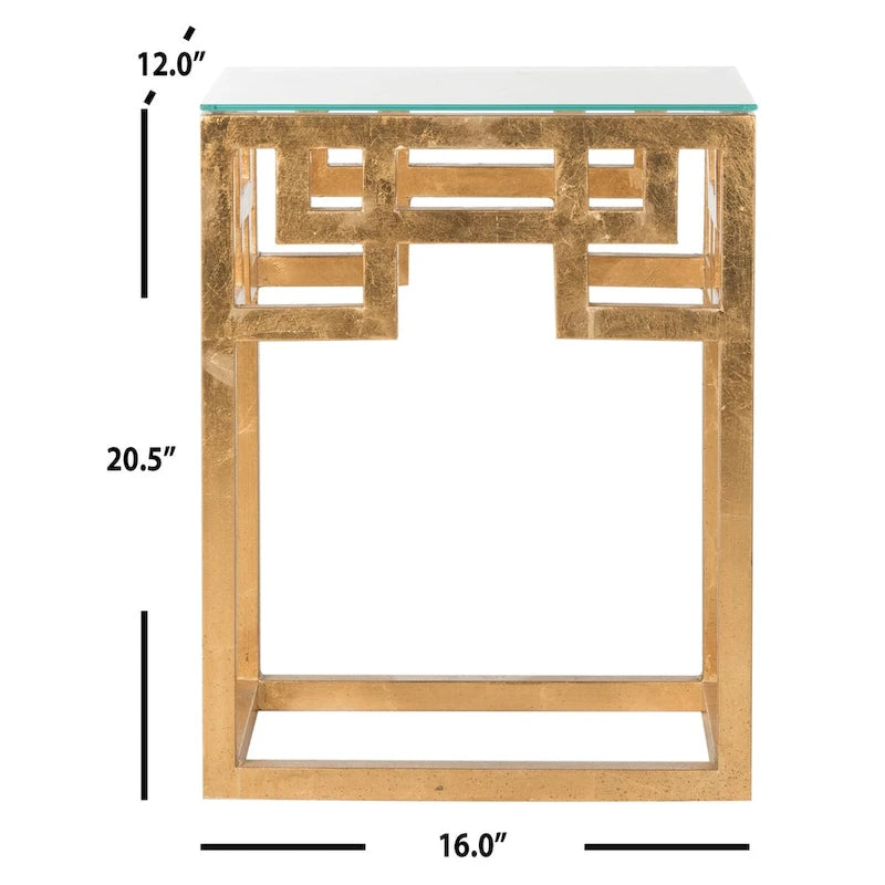 Mesa auxiliar de pan de oro envejecido con tapa de cristal - 16" de ancho x 12" de profundidad x 21" de alto