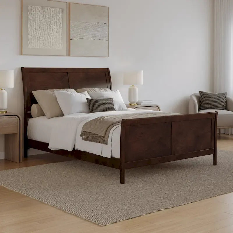 Cama de plataforma de perfil bajo de madera maciza Portland con piecera a juego