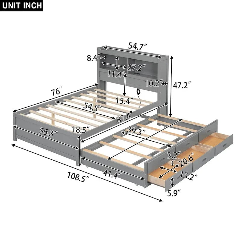 Cama Plataforma Matrimonial con Nido, Cajones y Puertos de Carga USB