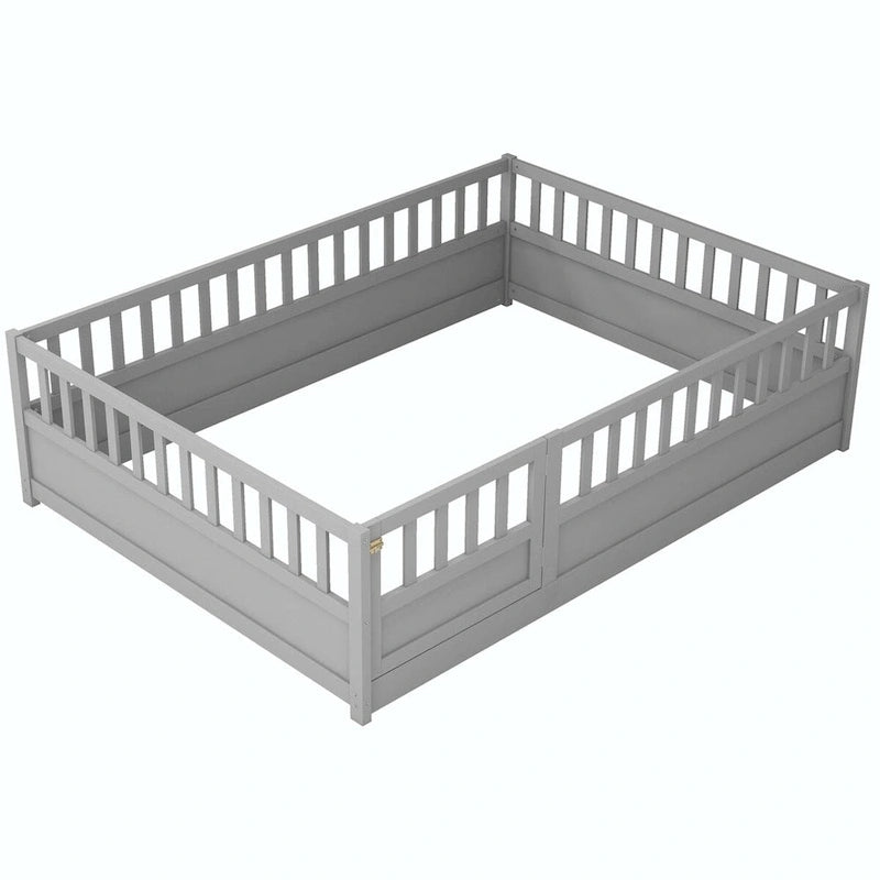 Cama de piso de madera de pino para niños con estructura de cerca