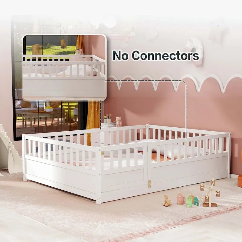 Cama de piso de madera de pino para niños con estructura de cerca