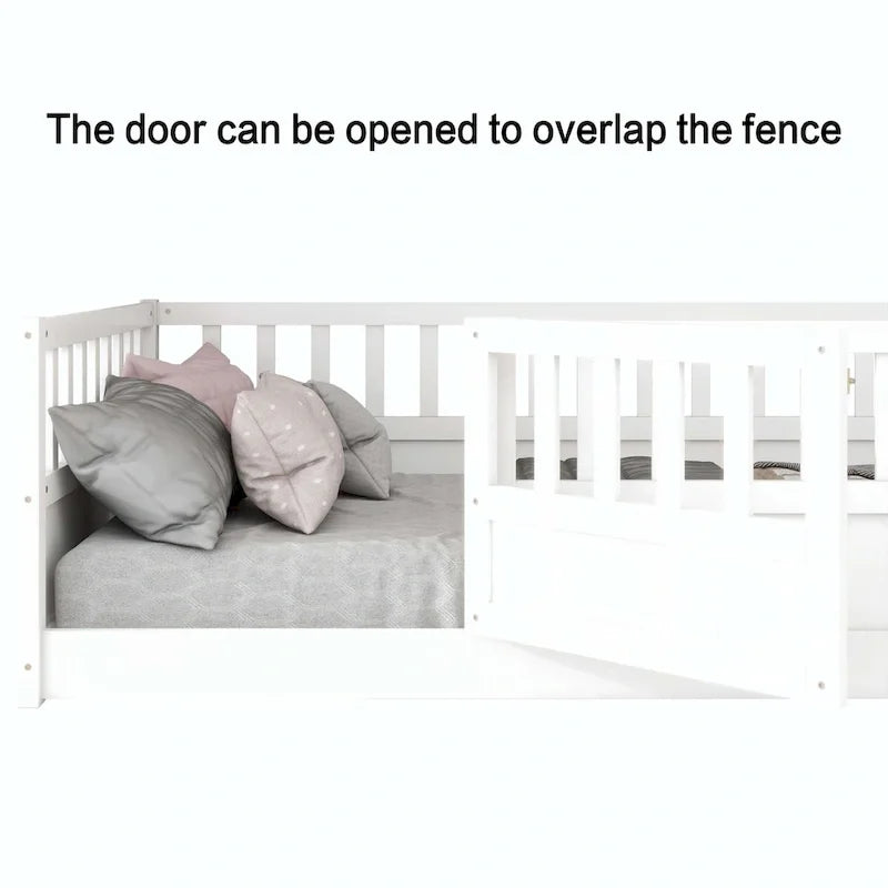 Cama de piso de madera de pino para niños con estructura de cerca