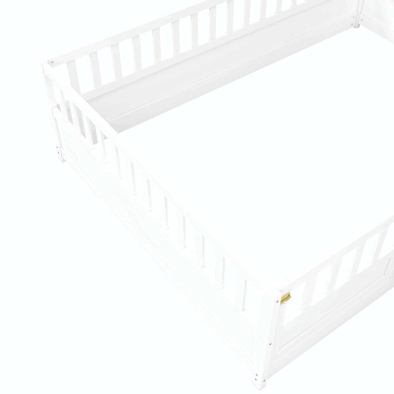 Cama de piso de madera de pino para niños con estructura de cerca