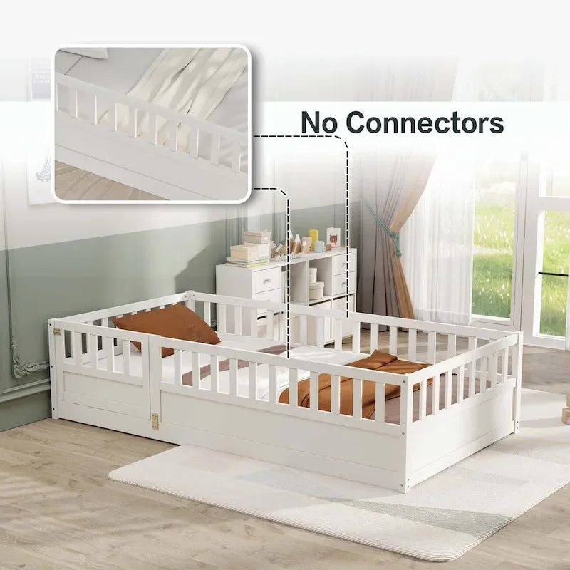 Cama de piso de madera de pino para niños con estructura de cerca