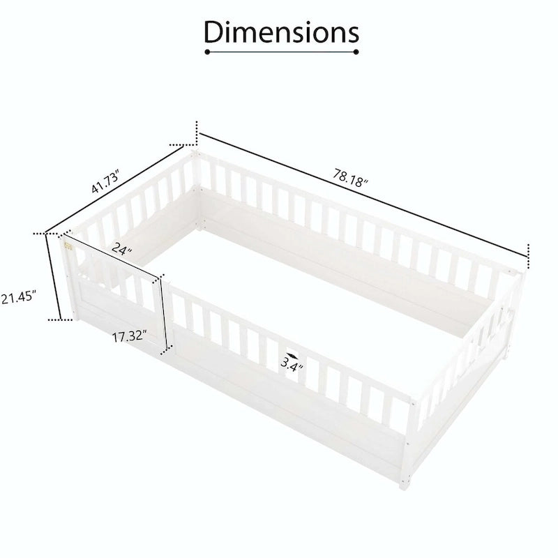Cama de piso de madera de pino para niños con estructura de cerca
