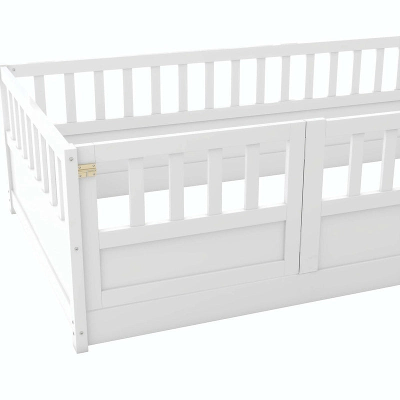 Cama de piso de madera de pino para niños con estructura de cerca