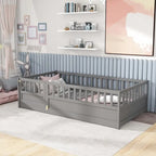 Cama de piso de madera de pino para niños con estructura de cerca