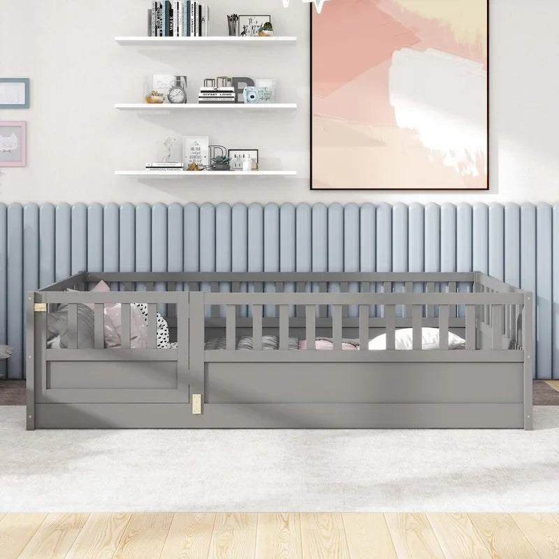 Cama de piso de madera de pino para niños con estructura de cerca