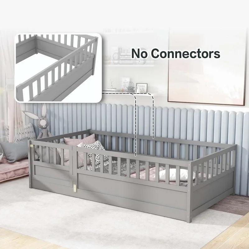 Cama de piso de madera de pino para niños con estructura de cerca