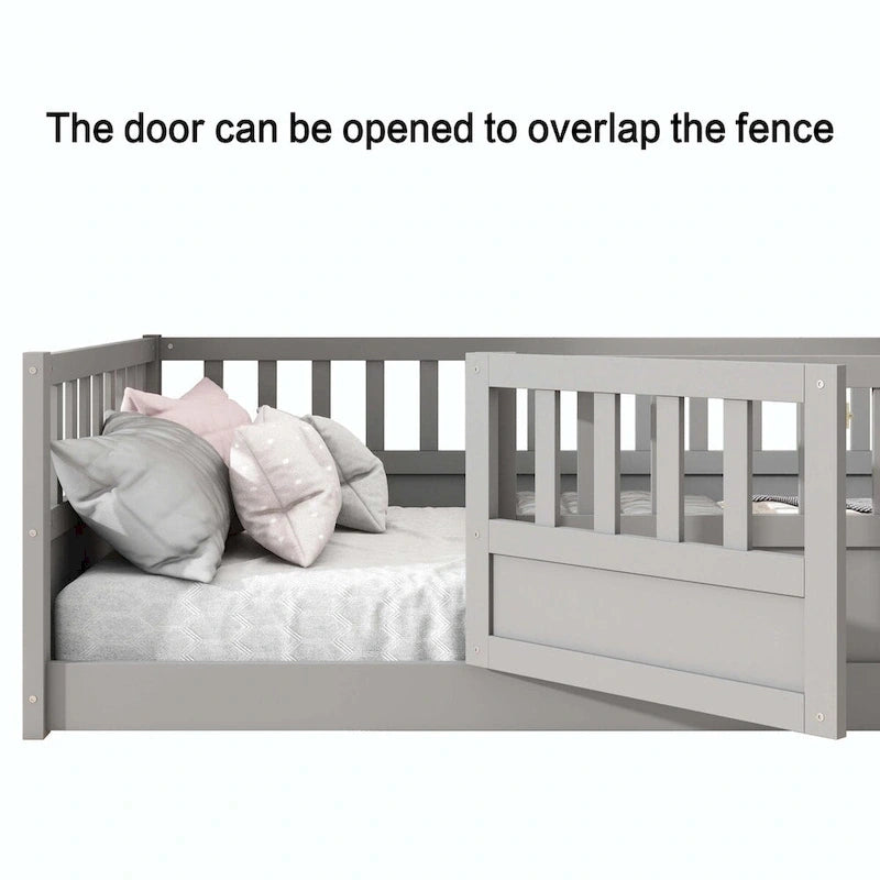 Cama de piso de madera de pino para niños con estructura de cerca