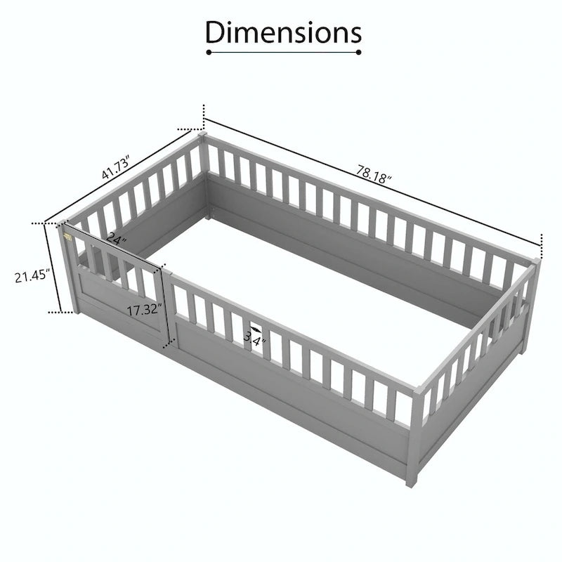 Cama de piso de madera de pino para niños con estructura de cerca