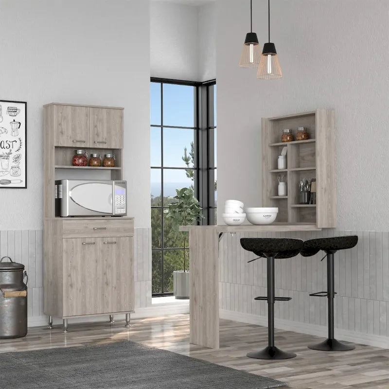 Juego de cocina de 2 piezas con 4 puertas, 1 cajón, despensa y mesa de pared plegable, gris claro