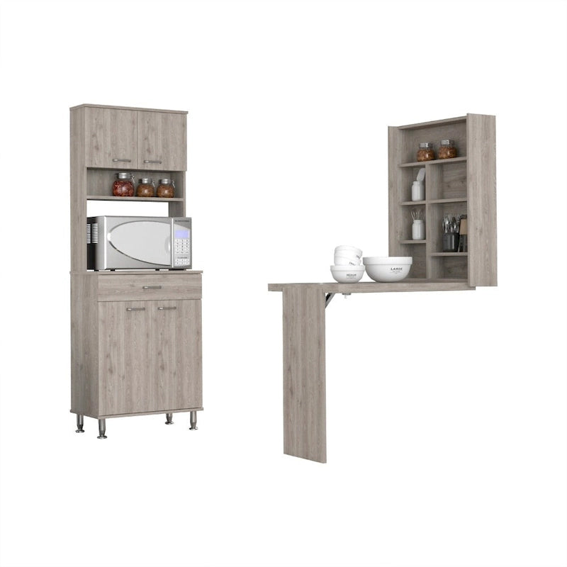 Juego de cocina de 2 piezas con 4 puertas, 1 cajón, despensa y mesa de pared plegable, gris claro
