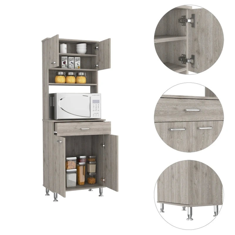 Juego de cocina de 2 piezas con 4 puertas, 1 cajón, despensa y mesa de pared plegable, gris claro