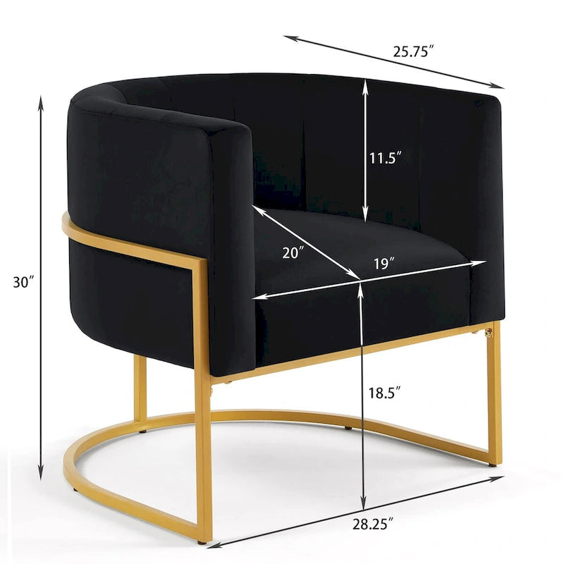 Sillón de terciopelo con base de metal y respaldo curvo