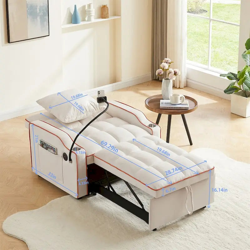 Sillón Cama Convertible con Puerto de Carga USB y Portavasos