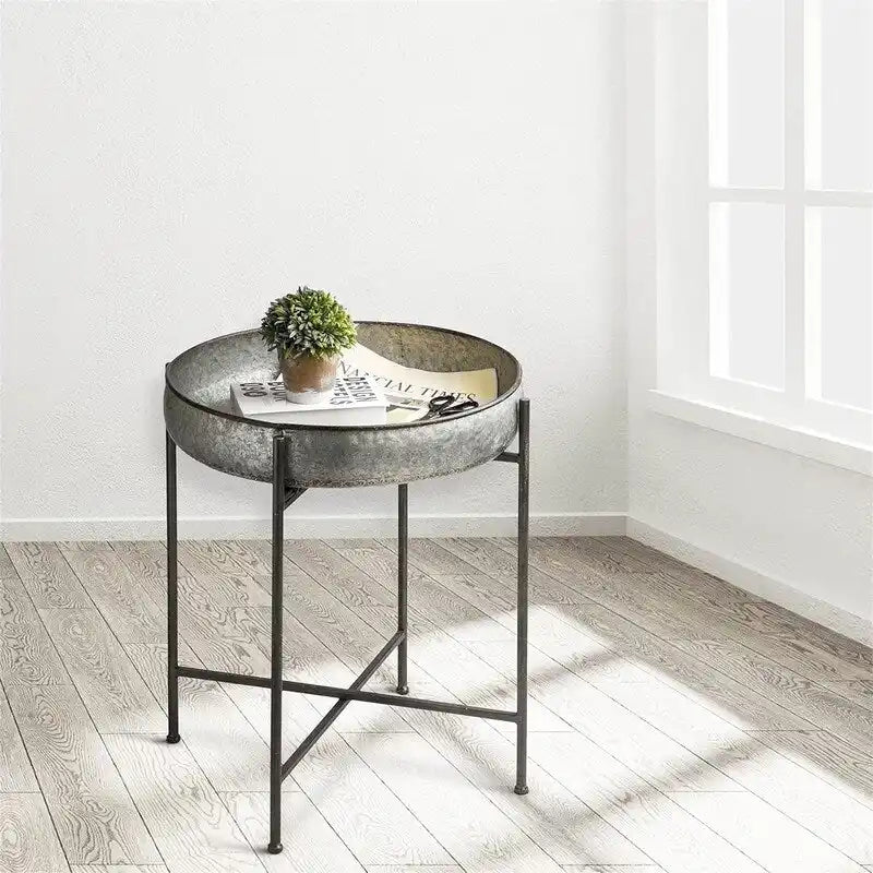 Mesa auxiliar redonda de metal con 4 patas - 57 cm (profundidad) x 57 cm (ancho) x 65,5 cm (alto)