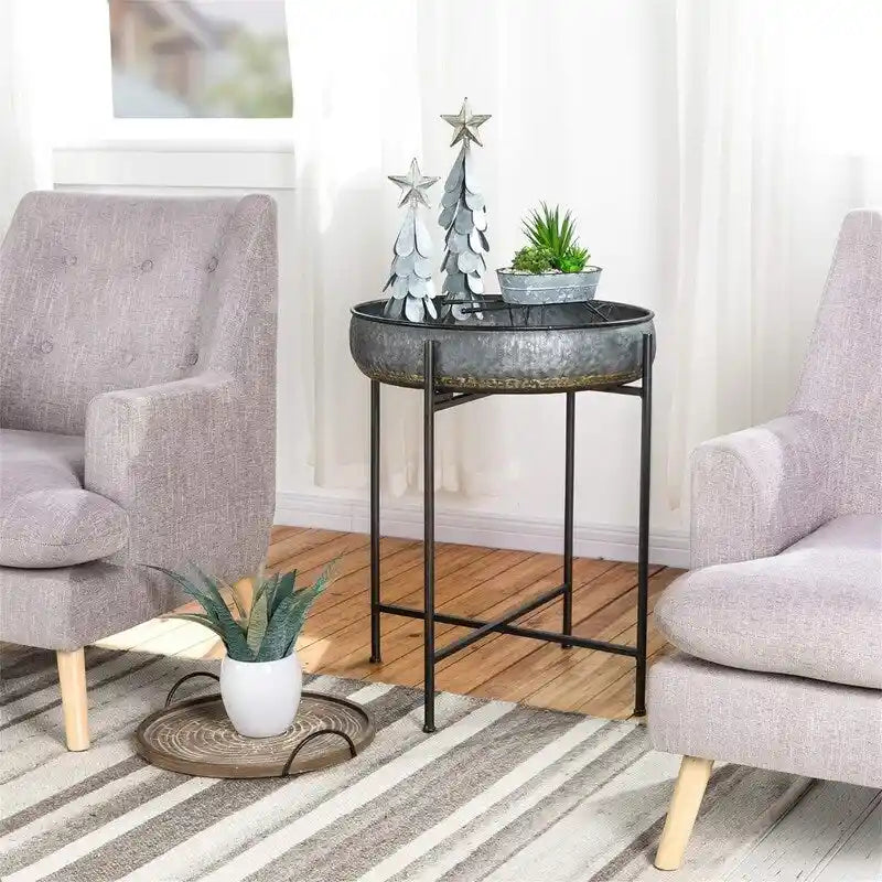 Mesa auxiliar redonda de metal con 4 patas - 57 cm (profundidad) x 57 cm (ancho) x 65,5 cm (alto)