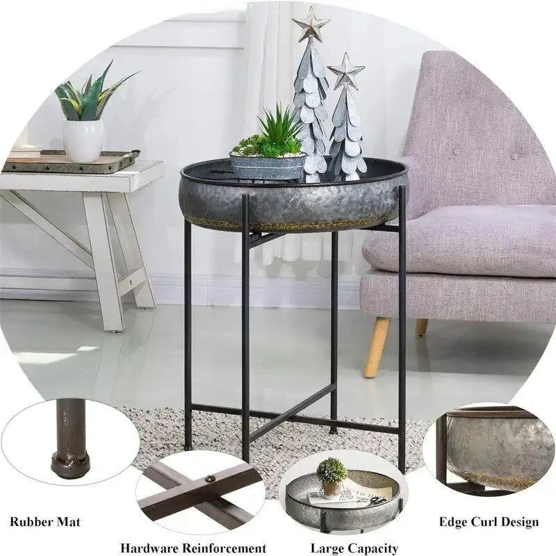 Mesa auxiliar redonda de metal con 4 patas - 57 cm (profundidad) x 57 cm (ancho) x 65,5 cm (alto)
