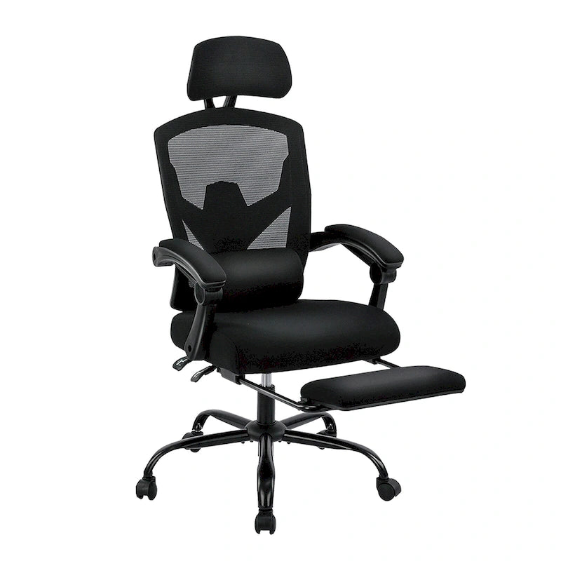 Silla de oficina de malla con respaldo alto, soporte lumbar y reposapiés retráctil