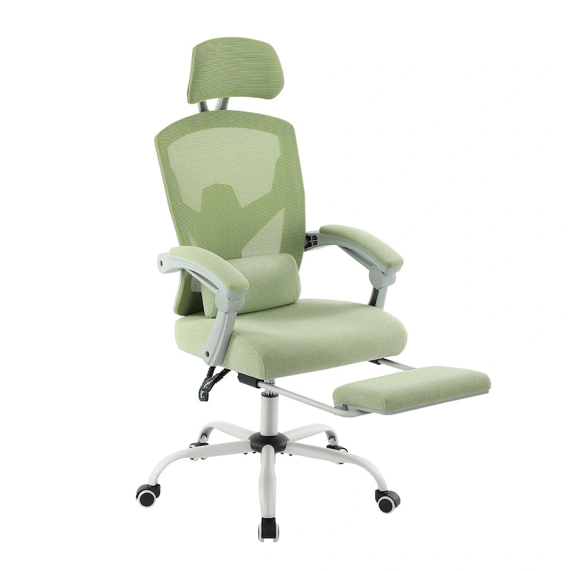 Silla de oficina de malla con respaldo alto, soporte lumbar y reposapiés retráctil