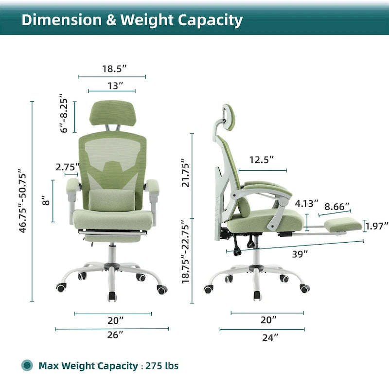 Silla de oficina de malla con respaldo alto, soporte lumbar y reposapiés retráctil