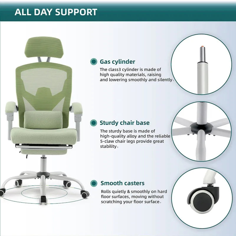 Silla de oficina de malla con respaldo alto, soporte lumbar y reposapiés retráctil