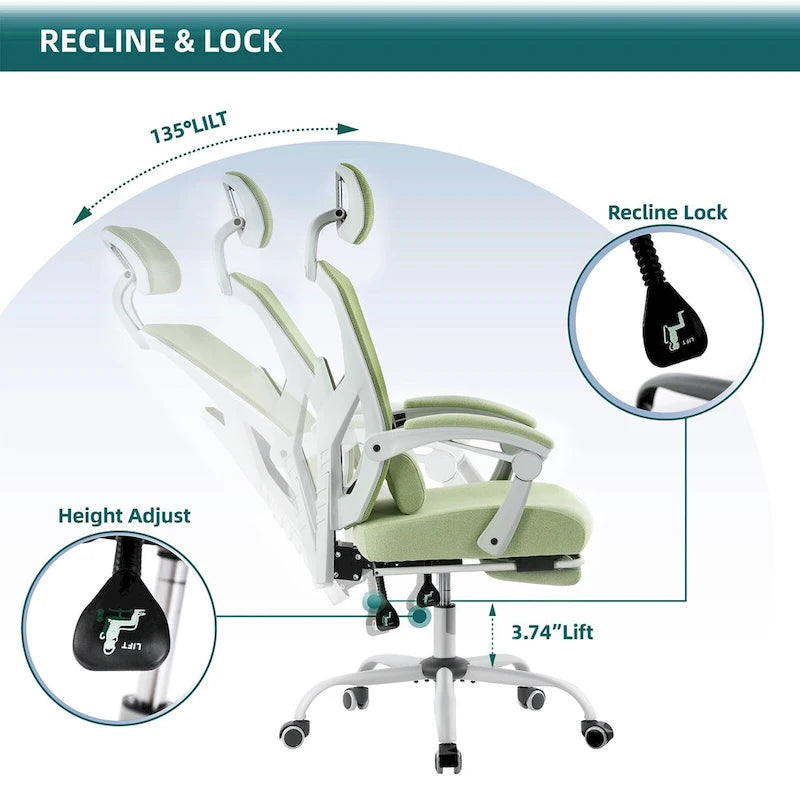 Silla de oficina de malla con respaldo alto, soporte lumbar y reposapiés retráctil