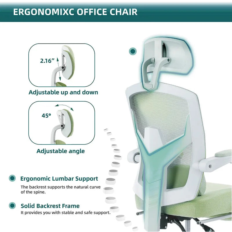 Silla de oficina de malla con respaldo alto, soporte lumbar y reposapiés retráctil
