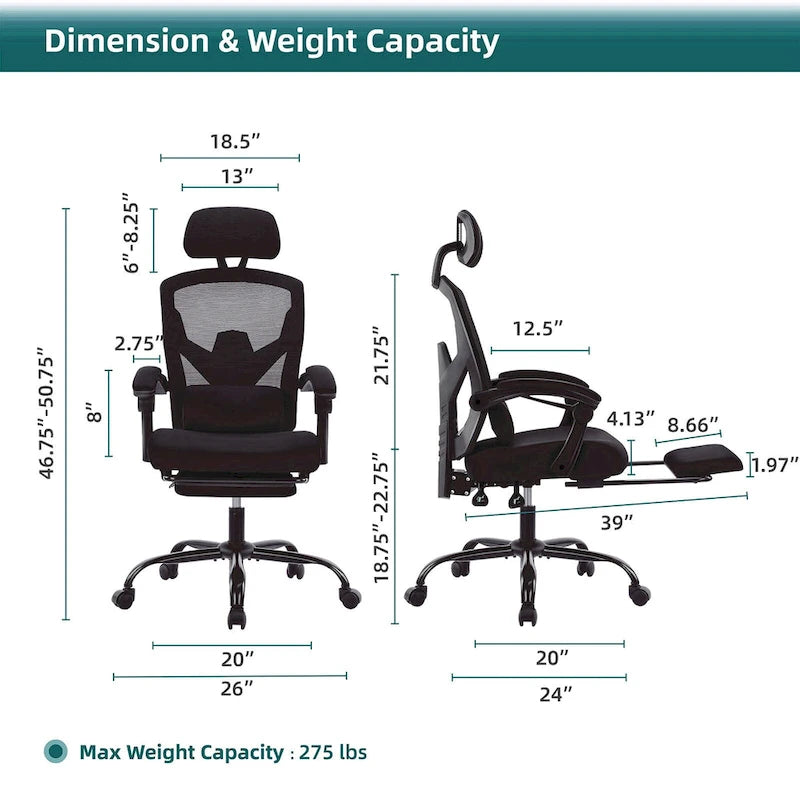 Silla de oficina de malla con respaldo alto, soporte lumbar y reposapiés retráctil