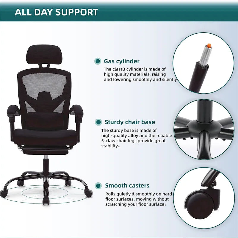 Silla de oficina de malla con respaldo alto, soporte lumbar y reposapiés retráctil