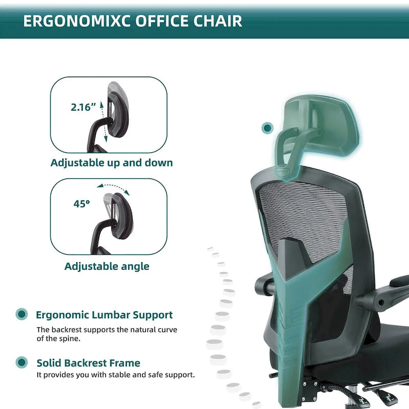 Silla de oficina de malla con respaldo alto, soporte lumbar y reposapiés retráctil