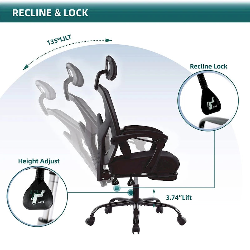 Silla de oficina de malla con respaldo alto, soporte lumbar y reposapiés retráctil