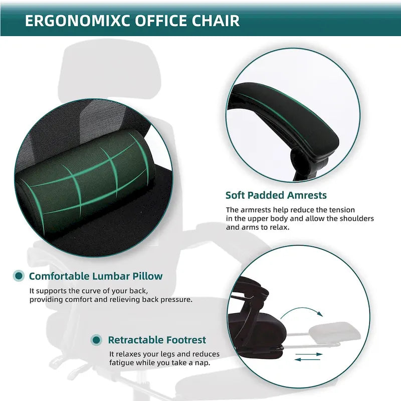 Silla de oficina de malla con respaldo alto, soporte lumbar y reposapiés retráctil