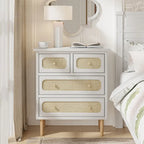 COZAYH Wicker Rattan Chest of Drawers, 4-Drawer Dresser, White Finish Wooden Storage Cabinet, Boho Mid-Century Coastal Sideboard