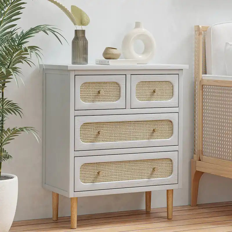 Cómoda de mimbre de ratán con 4 cajones, tocador, armario de almacenamiento de madera con acabado blanco